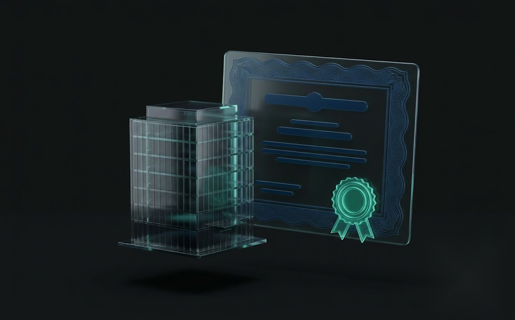 Company and trust registration: official certificate with seal and modern building