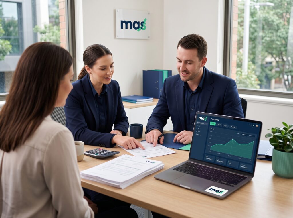 MAS accounting advisors reviewing a financial dashboard with a client in a modern Australian office