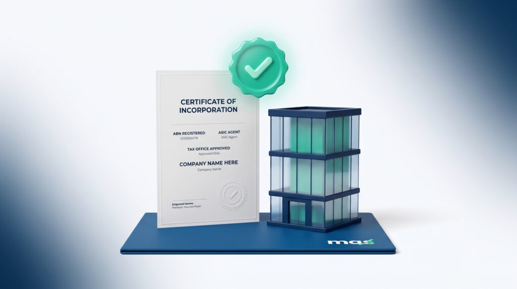 Company registration concept with incorporation certificate, seal and modern office building
