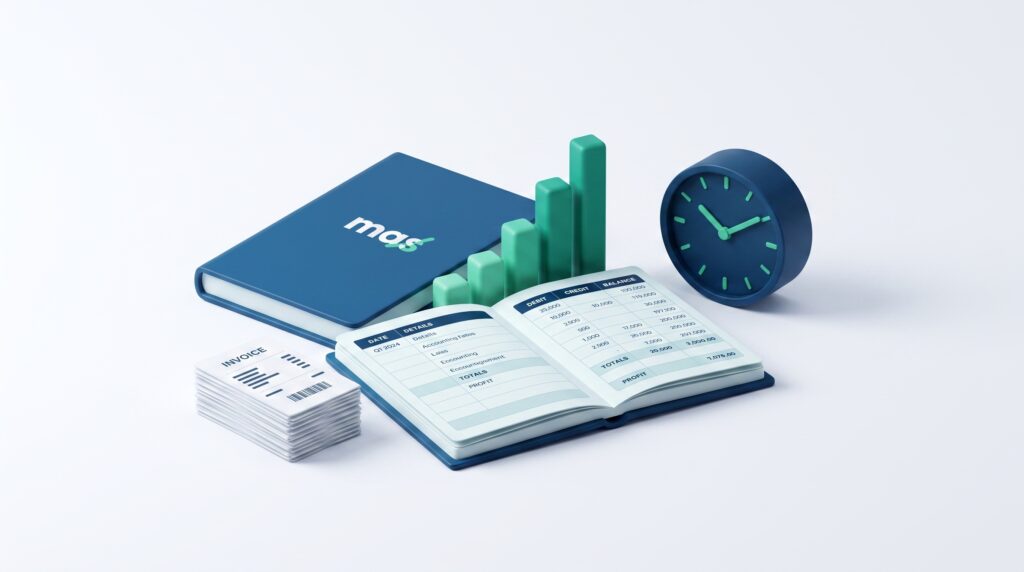 Bookkeeping concept with organised ledger, rising chart, clock and receipts