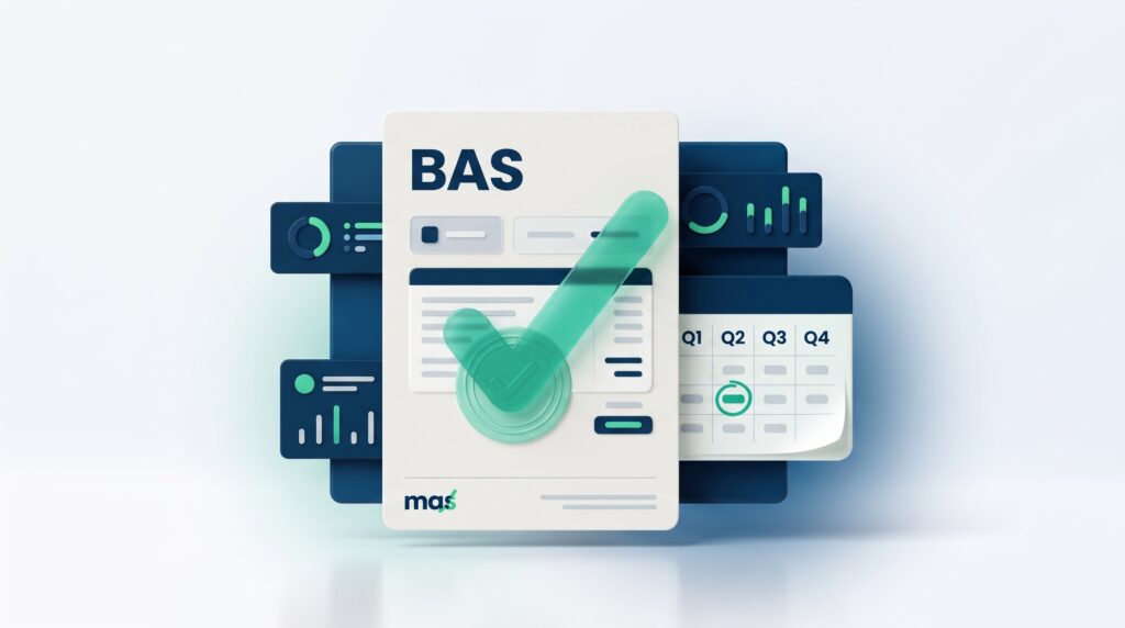 BAS lodgement concept with approved statement, checkmark seal and quarterly calendar