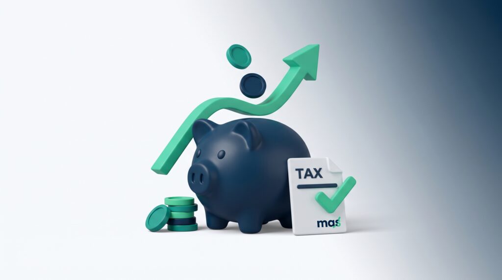 Individual tax return concept with piggy bank, rising refund arrow and approved tax document