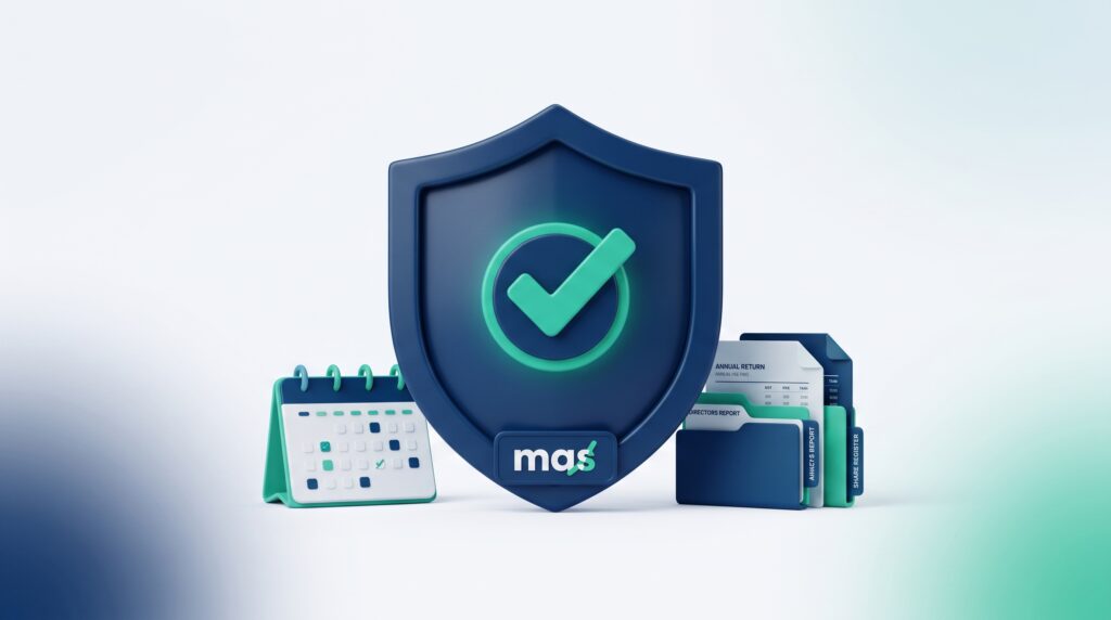 ASIC compliance concept with protective shield, checkmark, calendar and corporate documents