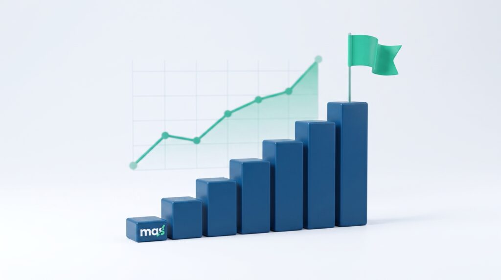 Business advisory concept with ascending staircase of bars and a flag on the top step