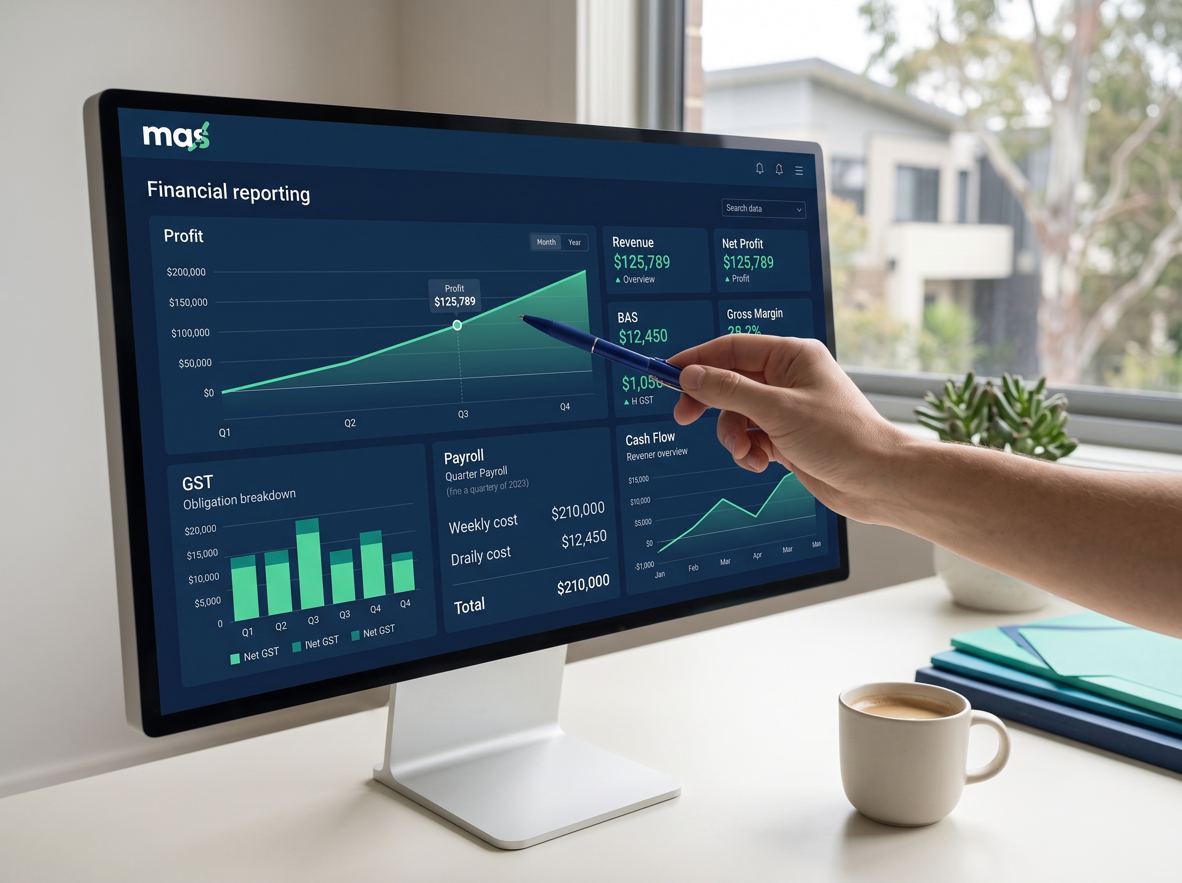 Financial reporting dashboard with profit, GST and payroll charts on a large monitor