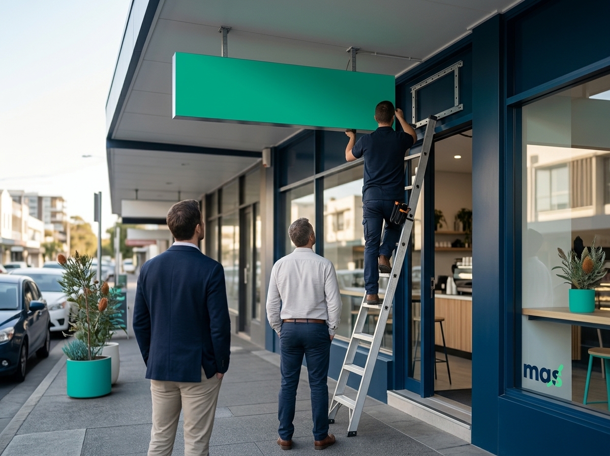 Small business owner watching a new storefront sign being installed after registering a business name