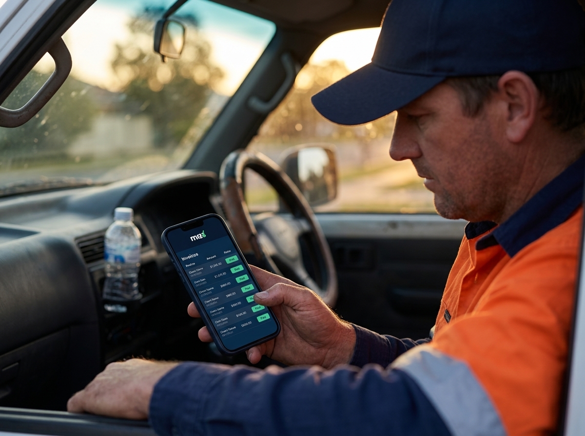 Australian tradie checking a paid invoice on his phone from his ute as a self-employed sole trader