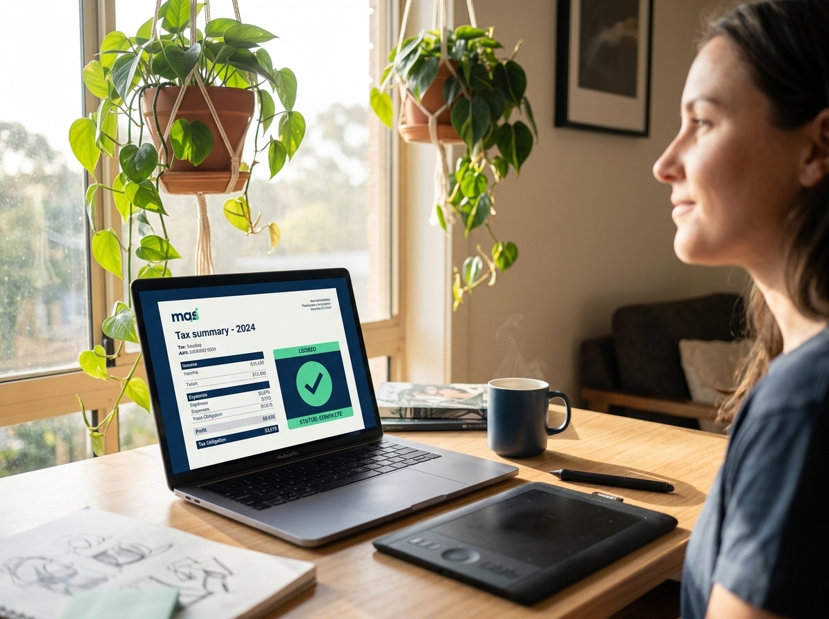 Freelancer reviewing an approved sole trader tax summary in a home studio