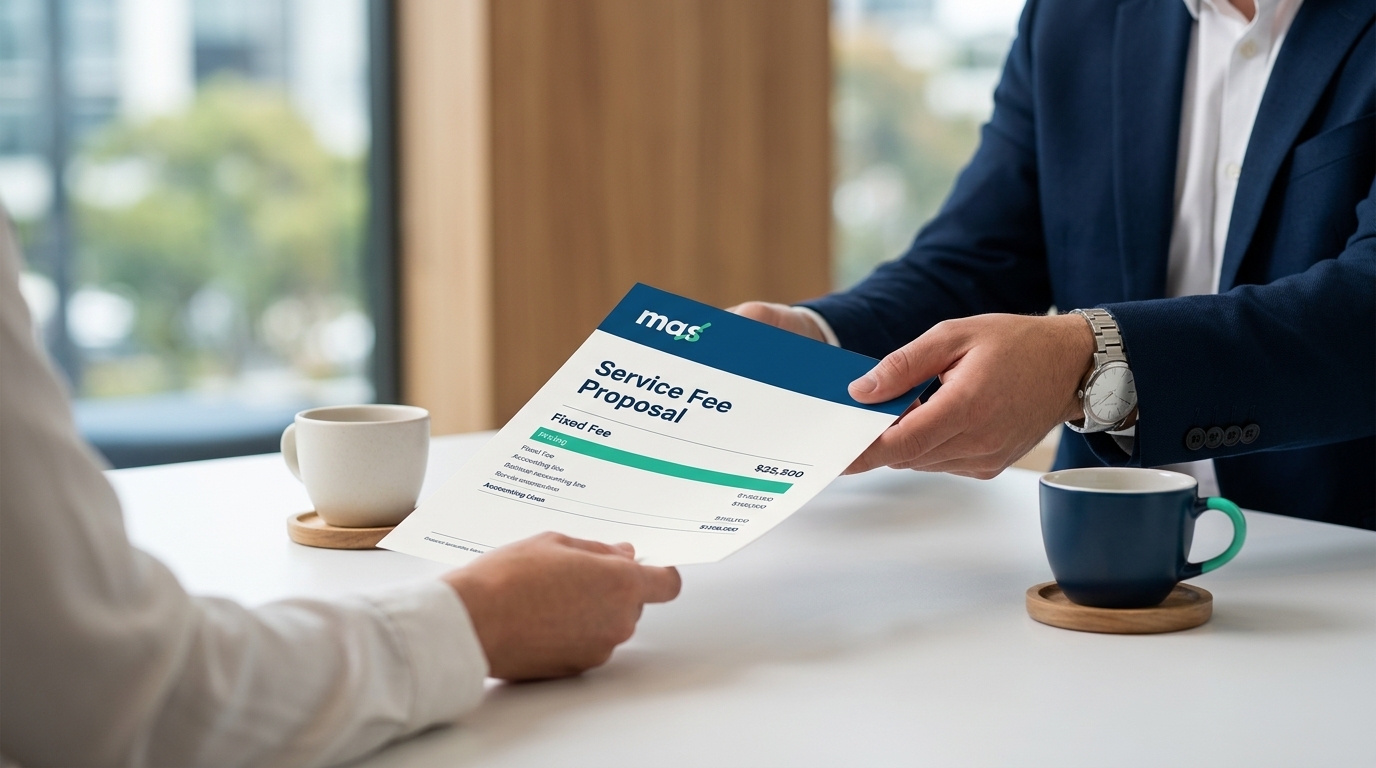 Advisor handing a client a clear MAS fixed-fee proposal across the table