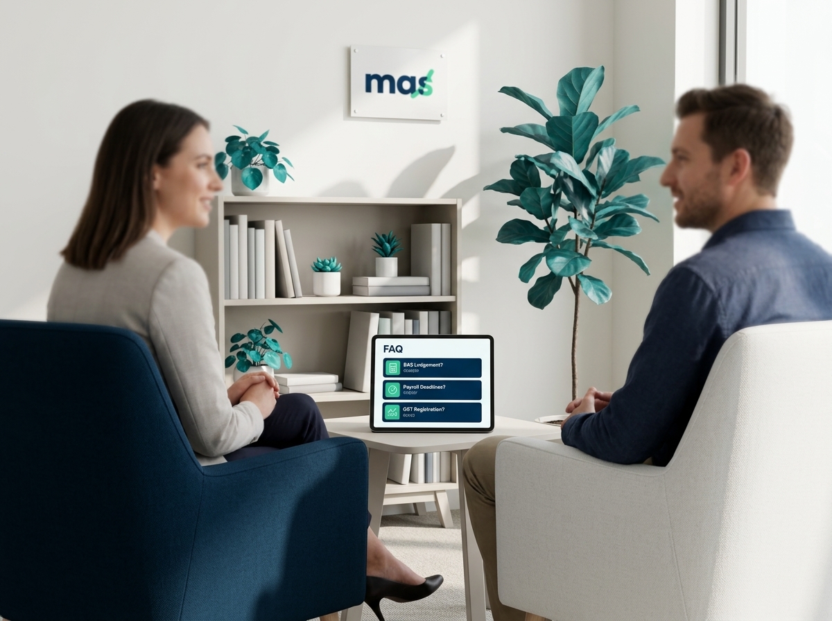 MAS accountant answering questions from a client in a relaxed consultation corner