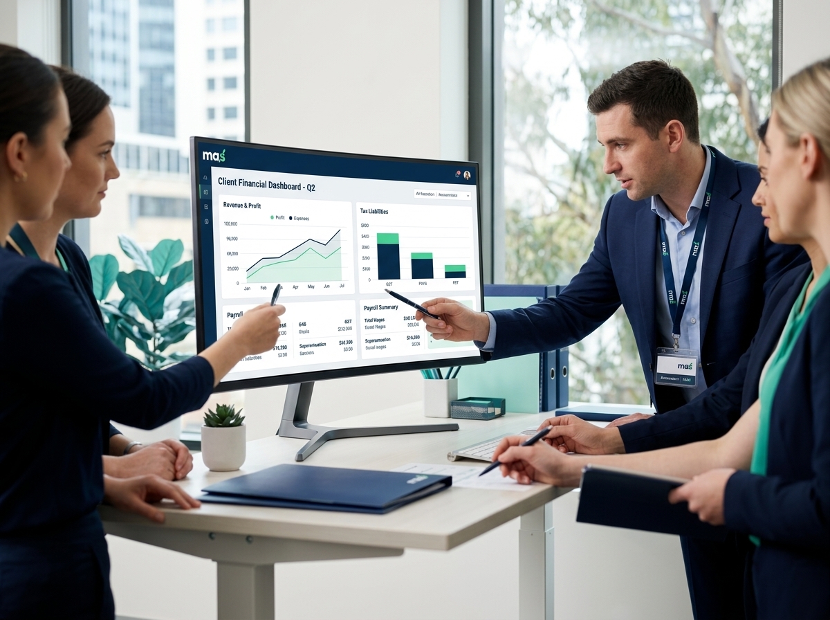 MAS accounting team collaborating over a client dashboard with BAS, payroll and tax charts