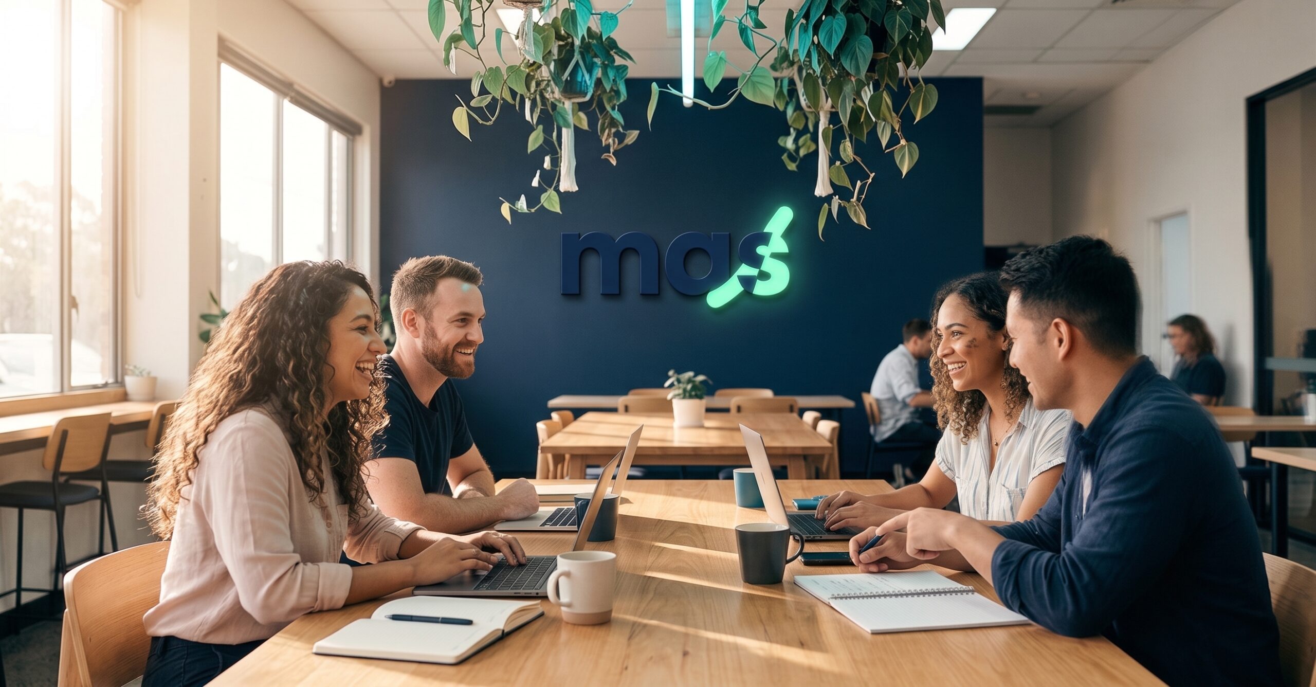Diverse group of young entrepreneurs working together in a sunlit Australian coworking space