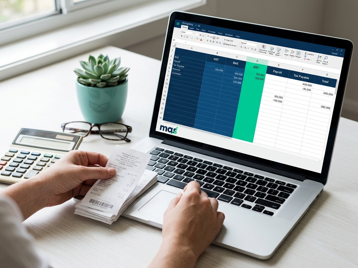 Accountant organising receipts beside a GST worksheet before BAS lodgement
