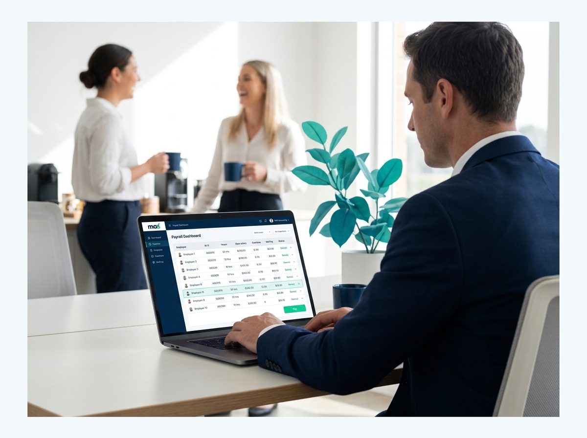 Small business manager running payroll software while employees relax on payday