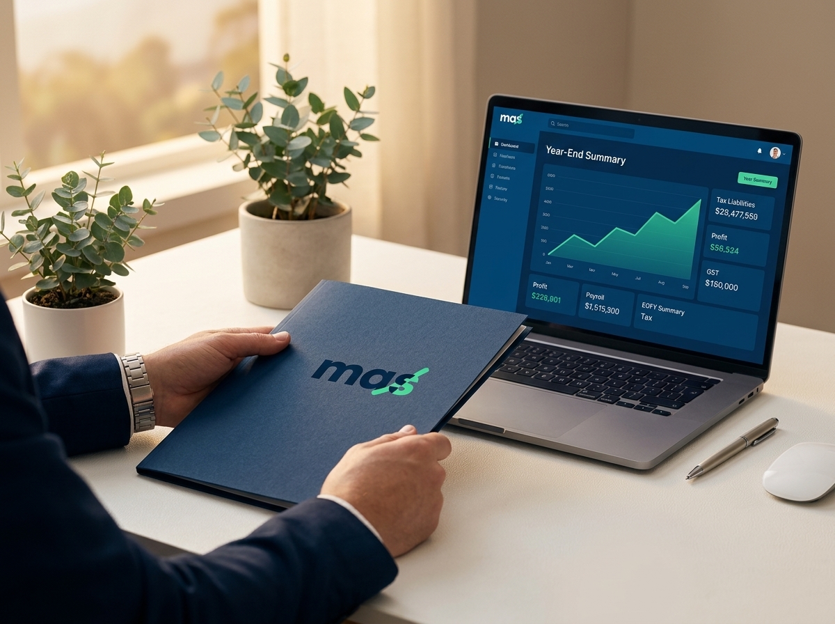 Accountant closing a MAS folder of financial statements for a company tax return at end of financial year