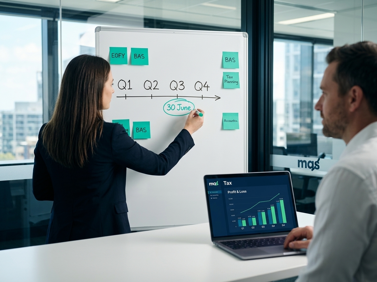 Business tax planning session with a quarterly timeline and 30 June circled on a whiteboard