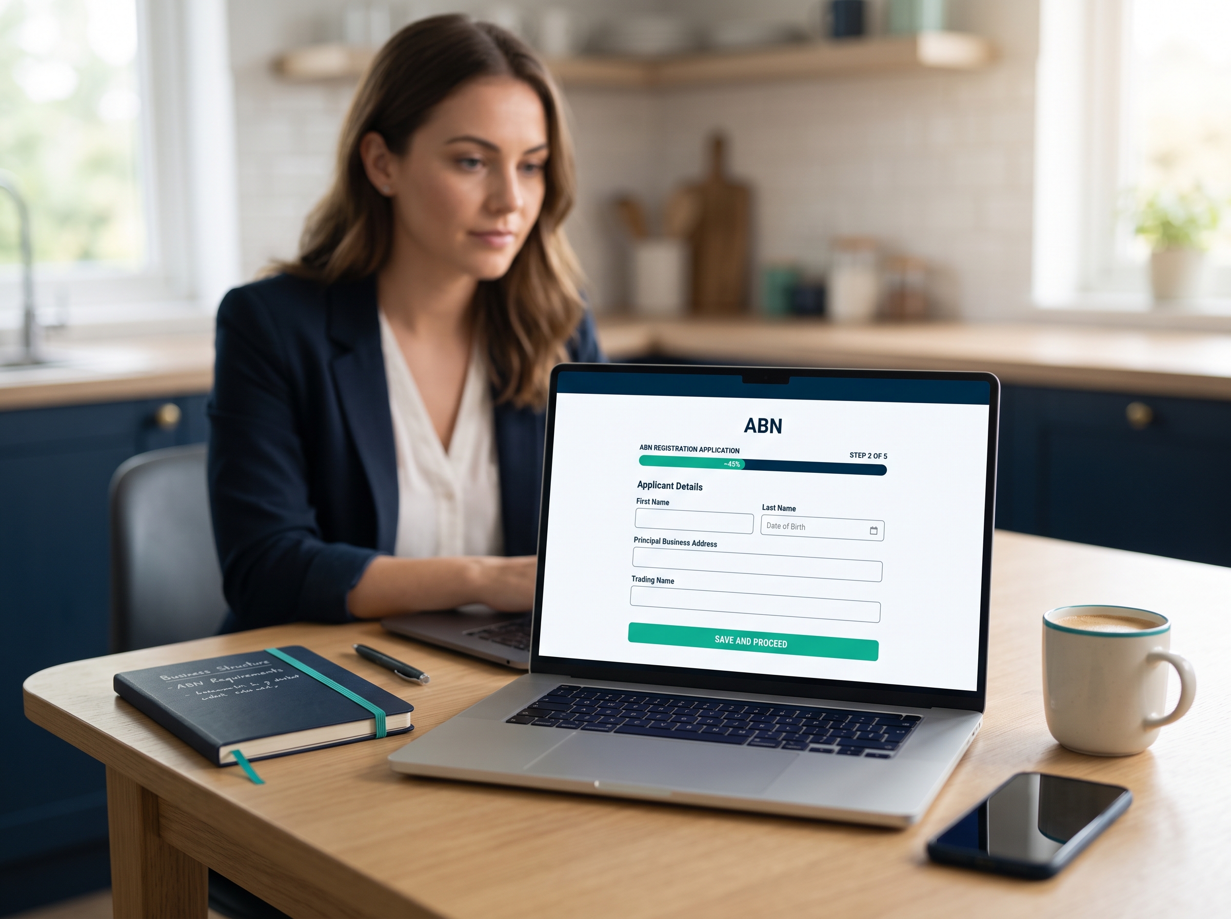 Entrepreneur completing an online ABN registration form from a home office
